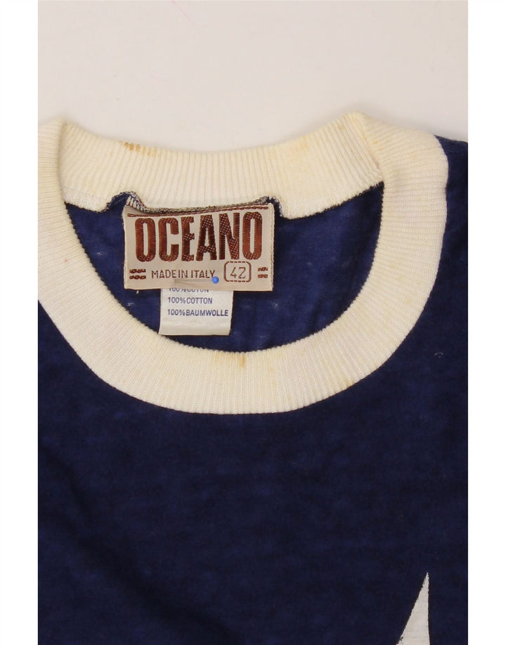 OCEANO Womens Graphic T-Shirt Top IT 42 Medium Navy Blue Vintage Oceano and Second-Hand Oceano from Messina Hembry 