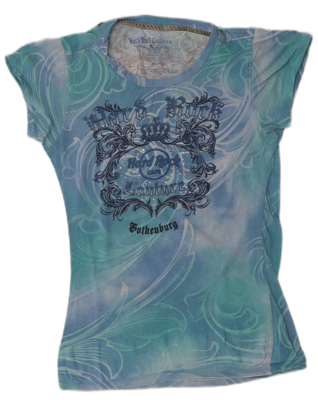 HARD ROCK CAFE Damen Couture Grafik T-Shirt Top UK 8 Small Blue Tie Dye