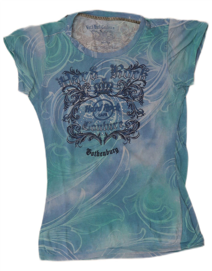 HARD ROCK CAFE Damen Couture Grafik T-Shirt Top UK 8 Small Blue Tie Dye