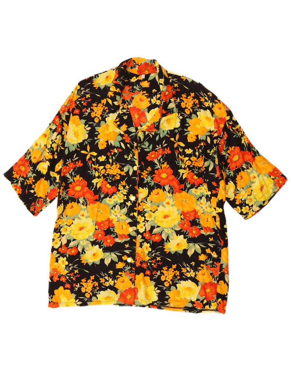 Vintage Damen Kurzarm-Loose-Fit-Hemd UK 10 Small Schwarz Floral Retro