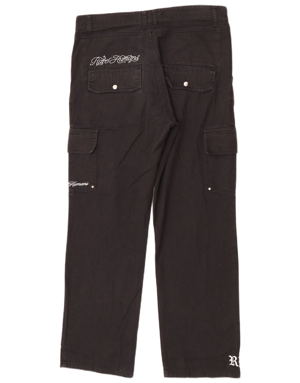 Rare Humans Mens Graphic Cargo Trousers XL W36 L30 Black Cotton