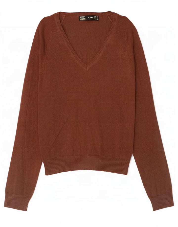 Zara Damen-Pullover mit V-Ausschnitt, UK 12, mittelbraune Baumwolle