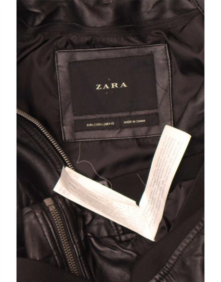 Zara Herren-Bomberjacke aus Kunstleder, Größe 40, Größe L, Schwarz, Polyester