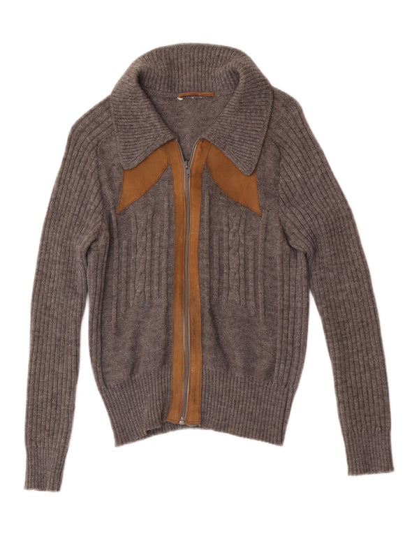 Vintage Damen-Cardigan mit durchgehendem Reißverschluss, Gr. 4 XS, Grau, Farbblock