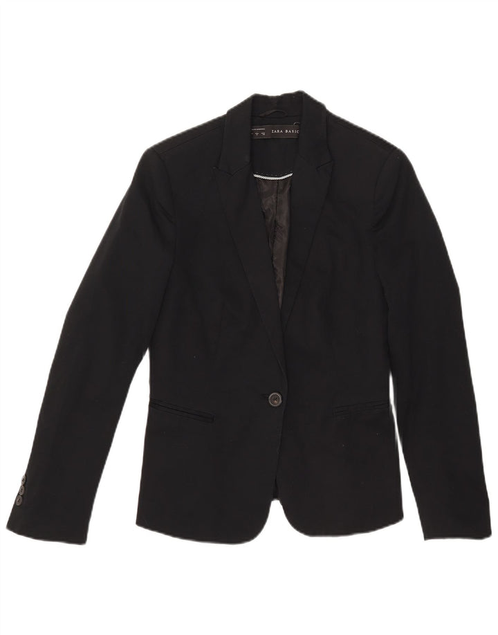 Zara Damen 1-Knopf-Blazerjacke UK 12 Mittelschwarze Baumwolle