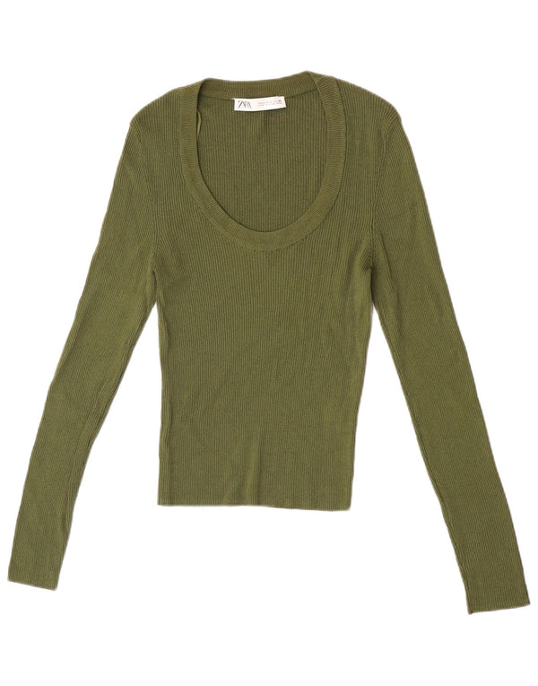 Zara Damen Top Langarm UK 14 Large Khaki Viskose