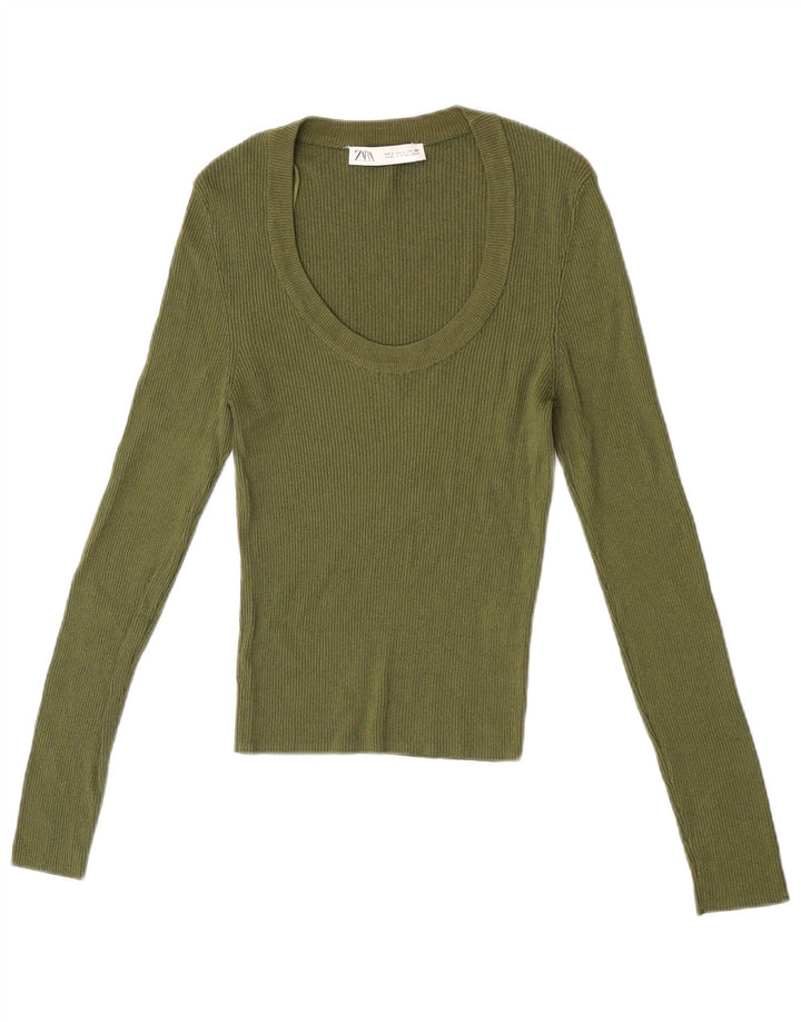Zara Damen Top Langarm UK 14 Large Khaki Viskose