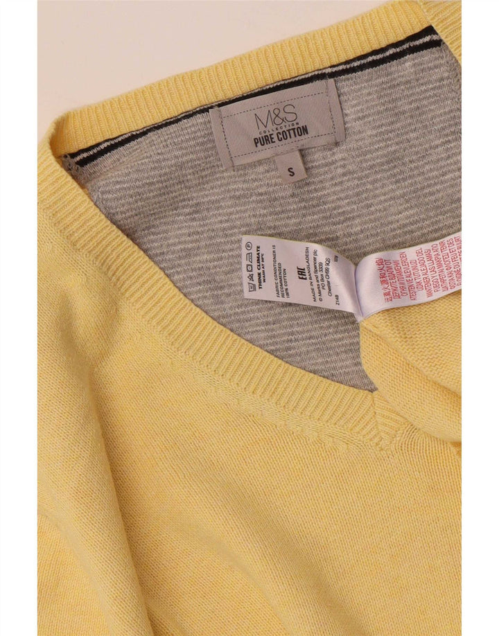 Marks & Spencer Herren-Pullover mit V-Ausschnitt, Größe S, gelbe Baumwolle