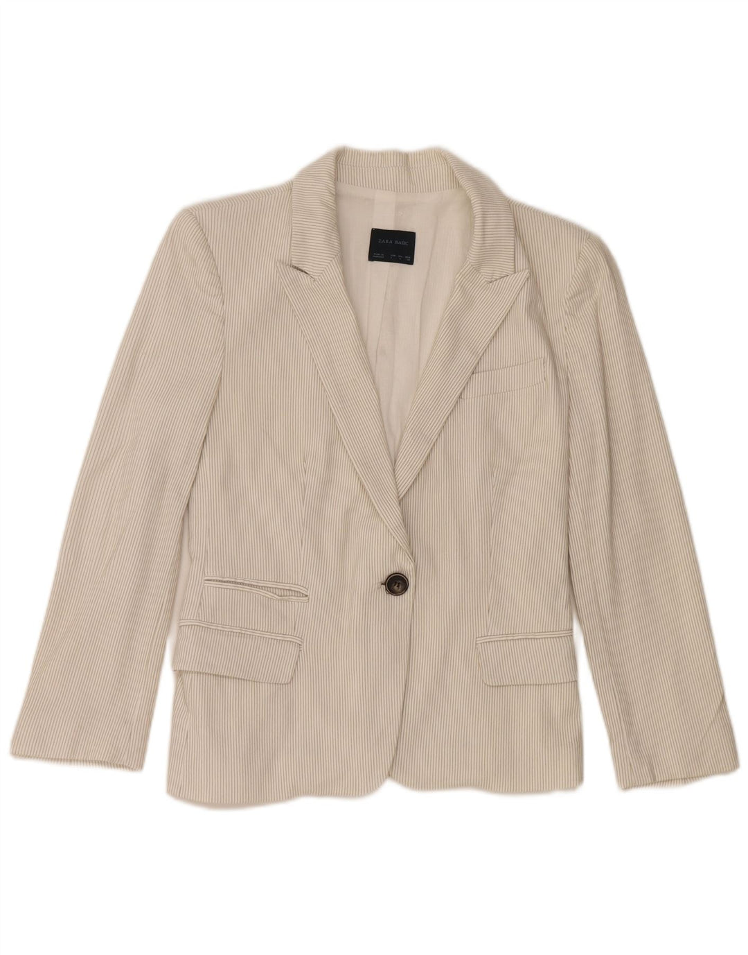Zara Damen 1-Knopf-Blazerjacke, UK 14, große, cremefarbene Nadelstreifen-Baumwolle