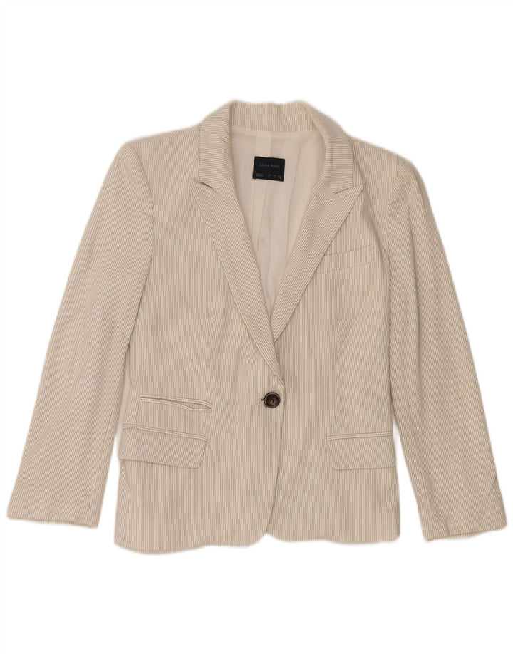 Zara Damen 1-Knopf-Blazerjacke, UK 14, große, cremefarbene Nadelstreifen-Baumwolle