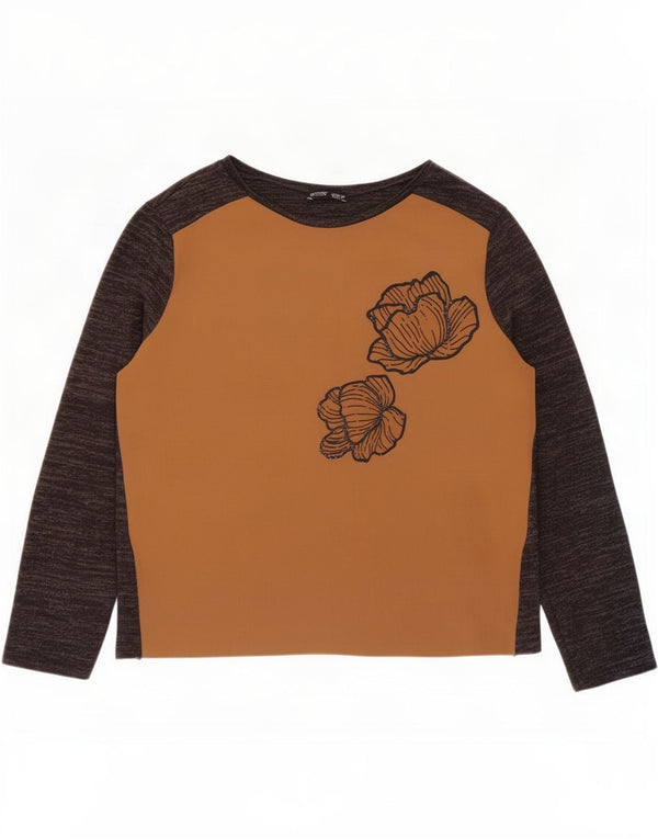 Zara Damen Top Langarm UK 16 Großes Braunes Blumenmuster