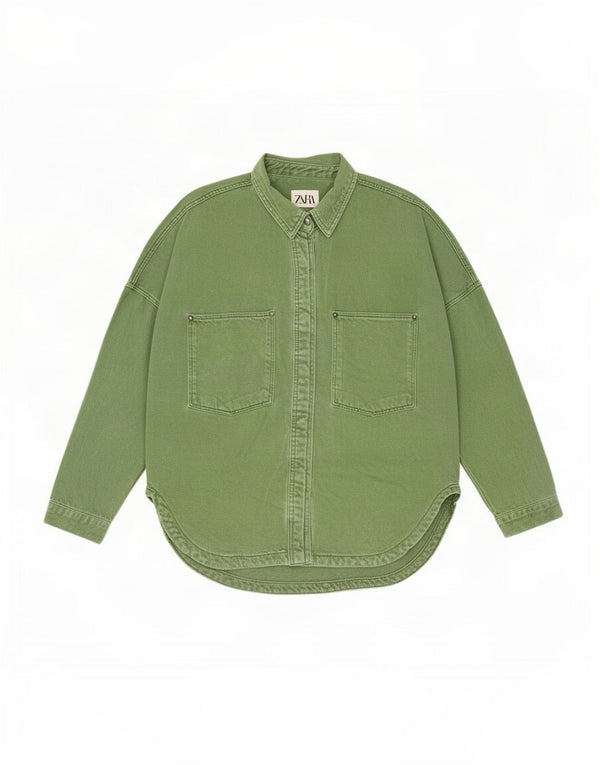 Übergroßes Jeanshemd von Zara für Damen, UK 14, mittelgrüne Baumwolle