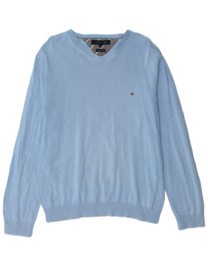 Tommy Hilfiger Herren-Pullover mit V-Ausschnitt, groß, aus blauer Baumwolle