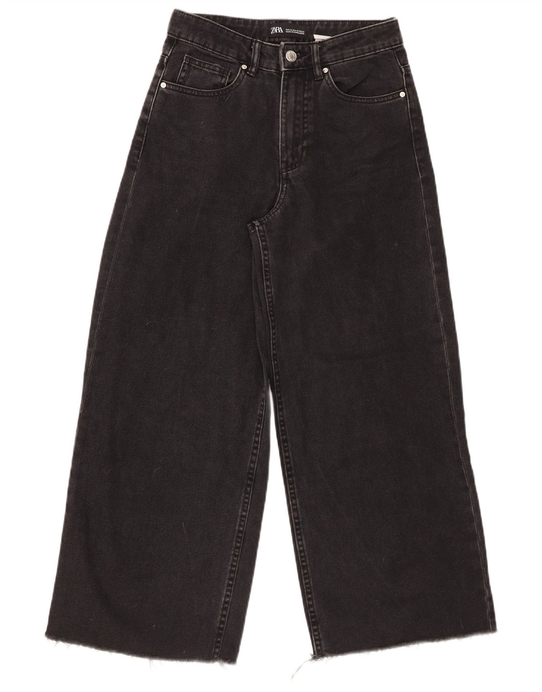 ZARA Damen High Rise Crop Wide Leg Jeans W22 L25 Schwarze Baumwolle