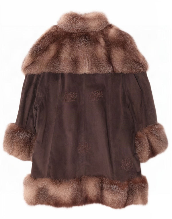 Vintage Damen Cape-Mantel aus Wildleder, Einheitsgröße, braun geblümt