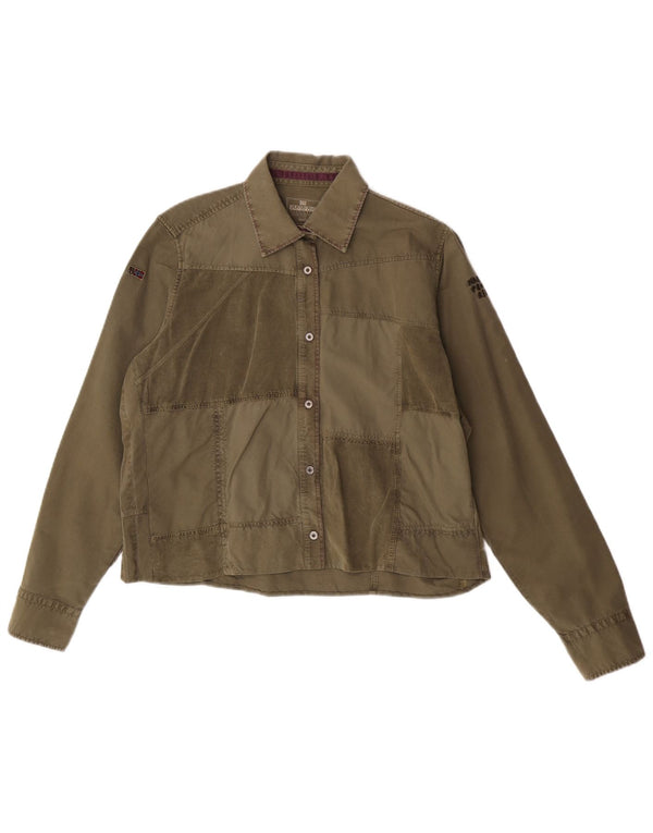 Napapijri Damen Crop Shirt UK 14 Large Khaki Patchwork