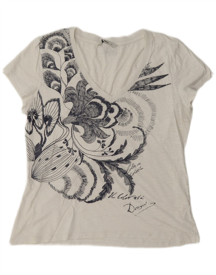 Desigual Damen Grafik T-Shirt Top UK 16 Large Weiß