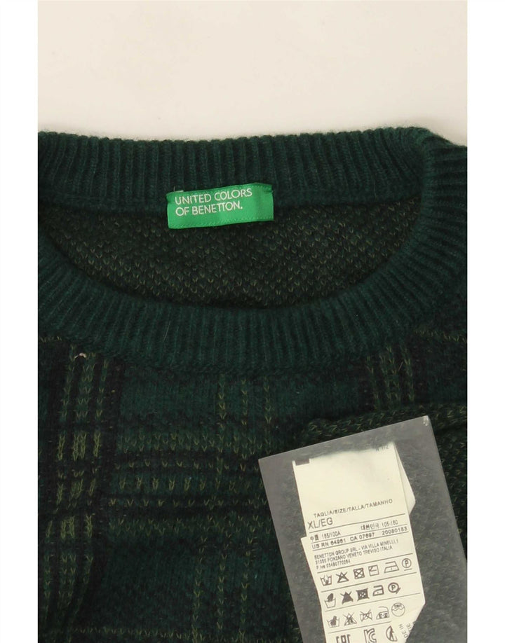 Benetton Herren-Pullover mit Rundhalsausschnitt, XL, grün karierte Wolle