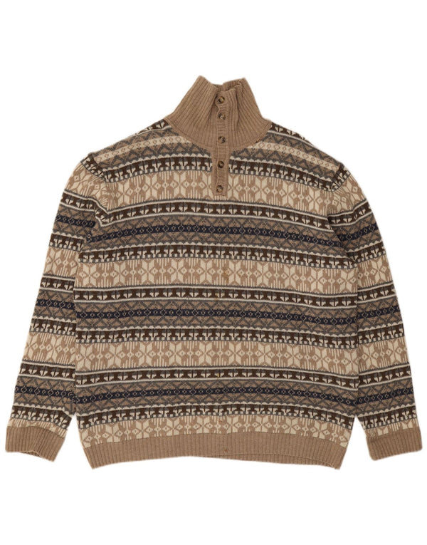 Vintage Herren-Pullover mit Knopfkragen, 4XL, Beige, Fair-Isle-Lammwolle