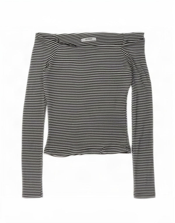 Zara Womens Long Sleeve Off Shoulder Top UK 8 Small Black Striped Polyester