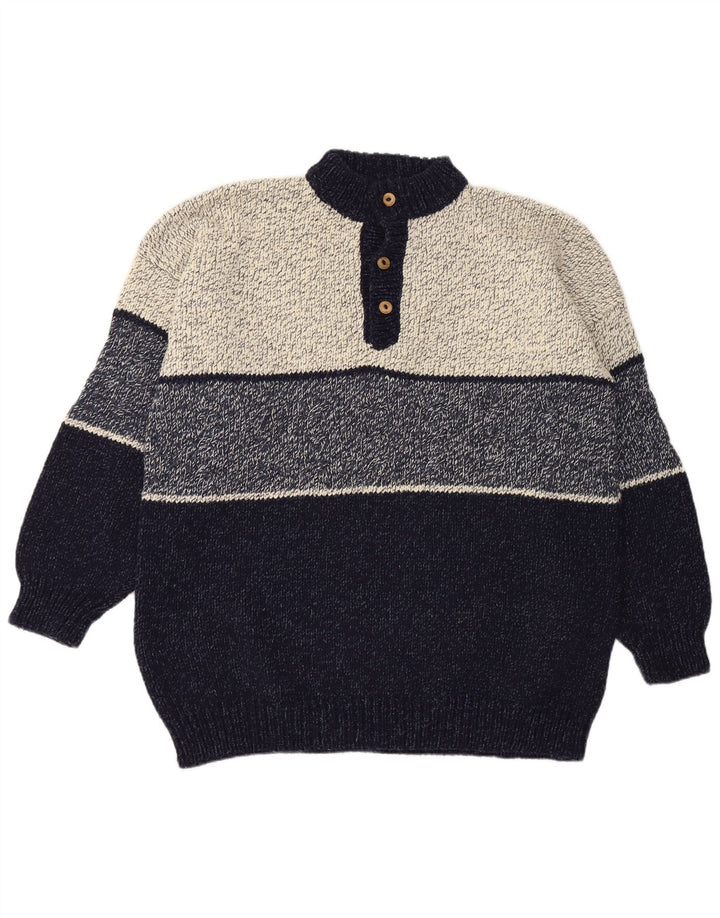 Vintage Herren-Pullover mit Knopfkragen, Größe 2XL, Marineblau, Farbblock