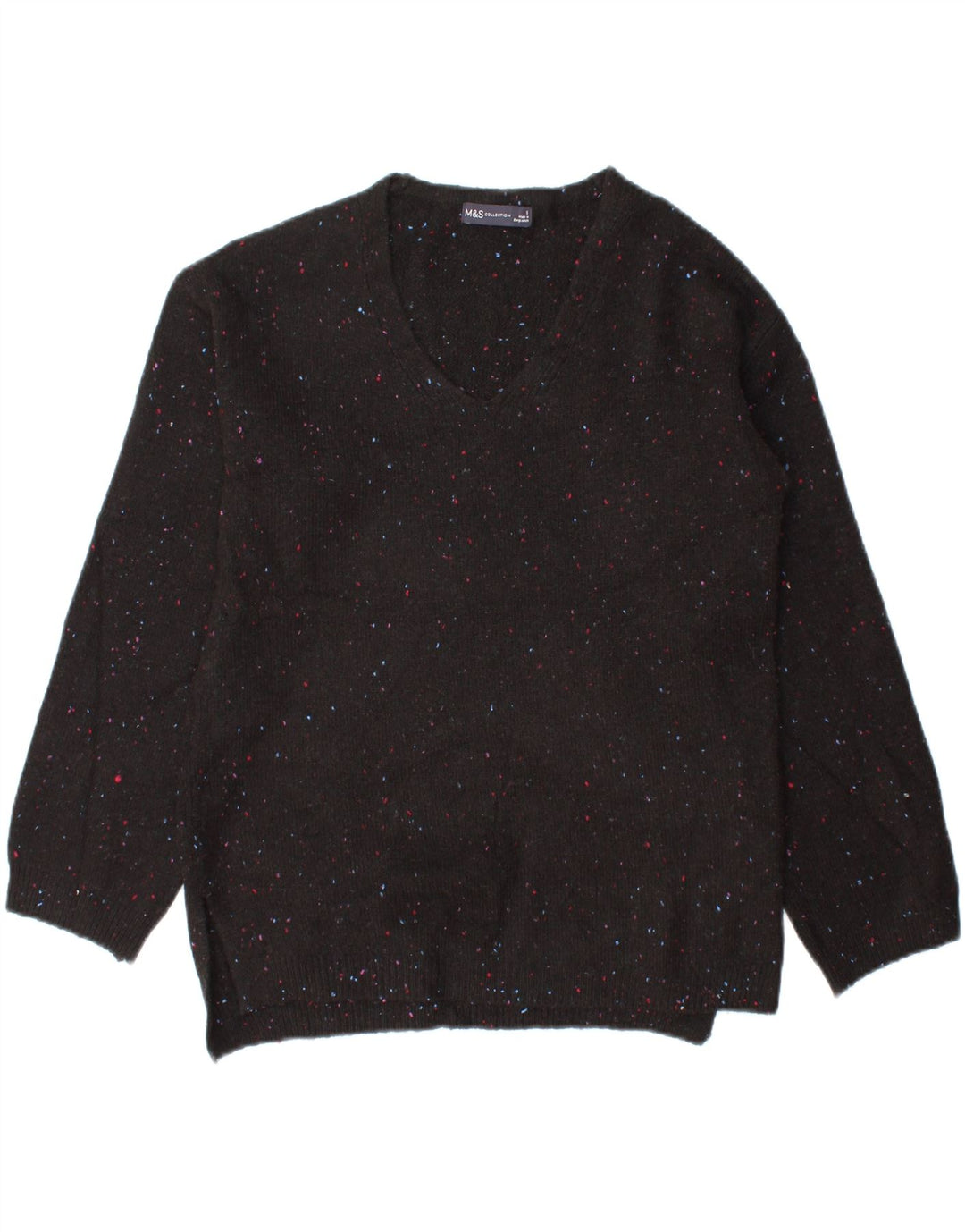 MARKS & SPENCER Womens V-Neck Jumper Sweater UK 10 Small Black Flecked Vintage Marks & Spencer and Second-Hand Marks & Spencer from Messina Hembry 