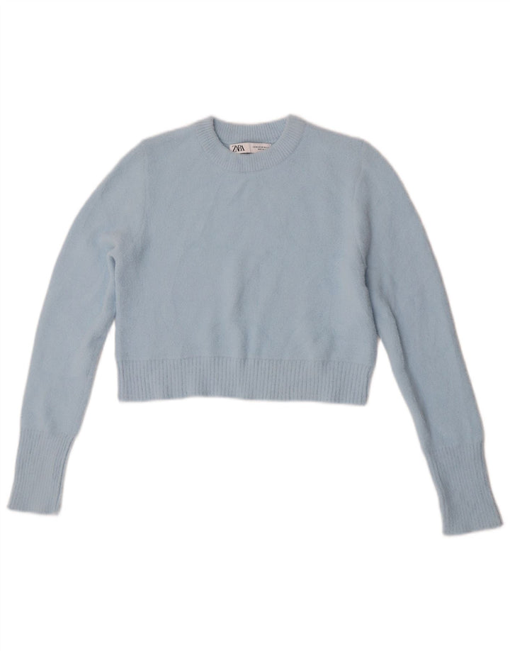 Zara Damen Crop Rundhalspullover Pullover UK 12 Mittelblaues Nylon