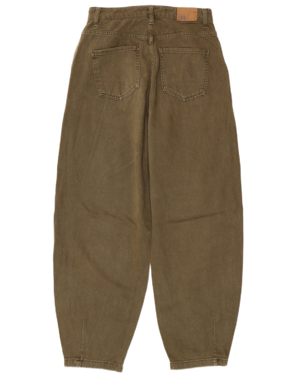 Zara Damen Balloon High Waist Jeans EU 34 2XS W24 L26 Khaki Baumwolle