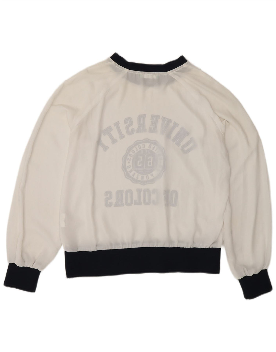 Benetton Damen-Top mit durchsichtigem Grafikmotiv, langärmlig, UK 10, Größe S, Weiß