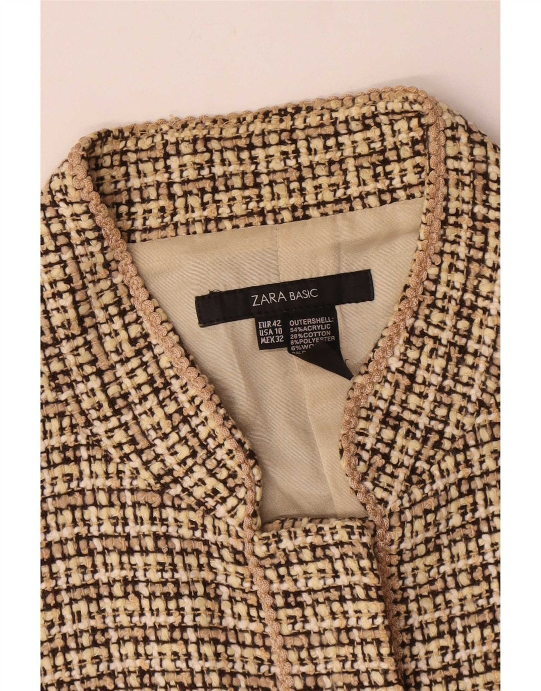 Zara Damen-Blazer-Jacke, EU 42, großes Beige-Karo-Acryl