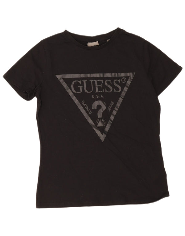 Guess Damen Grafik-T-Shirt-Oberteil UK 12 Mittelschwarze Baumwolle