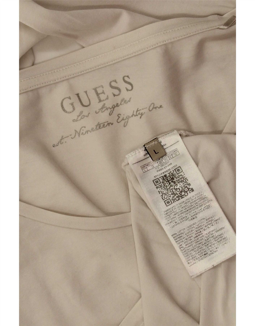 Guess Damen-Top mit Grafik, langärmlig, UK-Größe 44, Größe L, weiße Baumwolle
