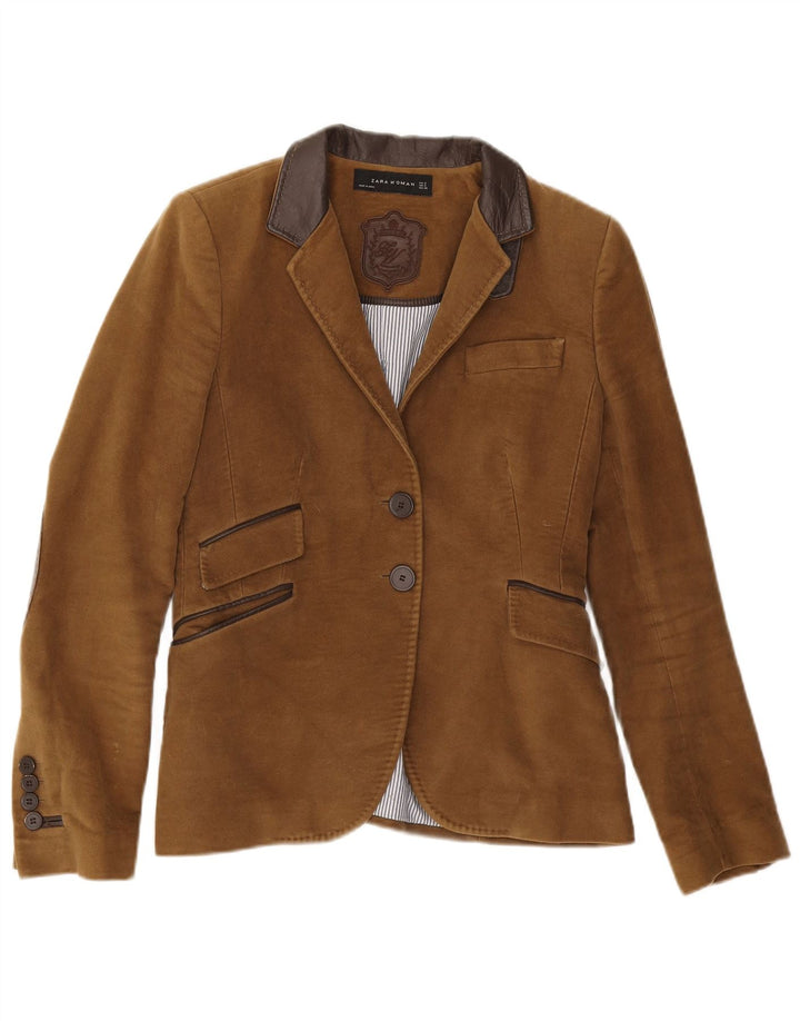 Zara Damen-Blazer mit 2 Knöpfen, UK 10, Größe S, braune Baumwolle