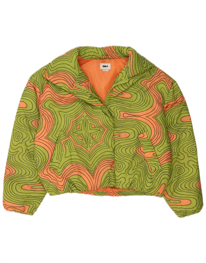 Obey Damen-Übergröße, wattierte Jacke, UK 10, Größe S, grün, geometrisch, Polyester
