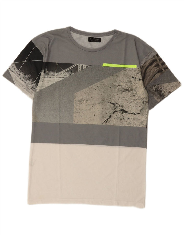 Zara Herren-T-Shirt mit Grafik, klein, Grau, Farbblock