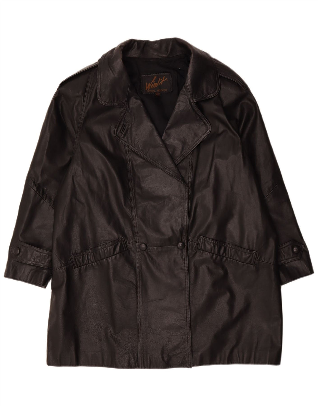 Vintage Damen Übergroßer Ledermantel UK 16 Large Schwarz