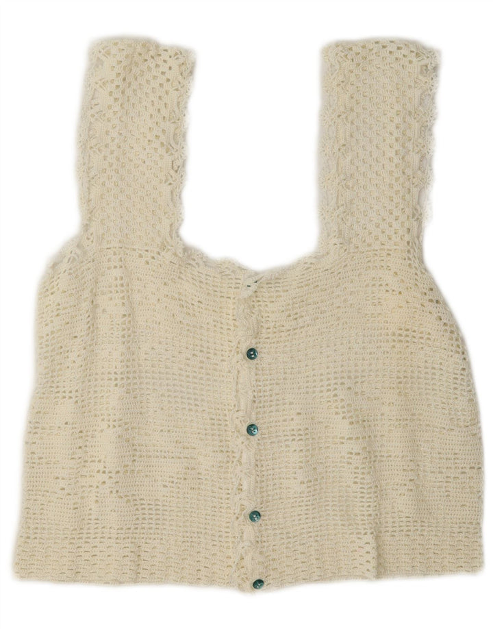 Vintage Damen Gehäkeltes ärmelloses Crop Top UK 12 Medium Off White