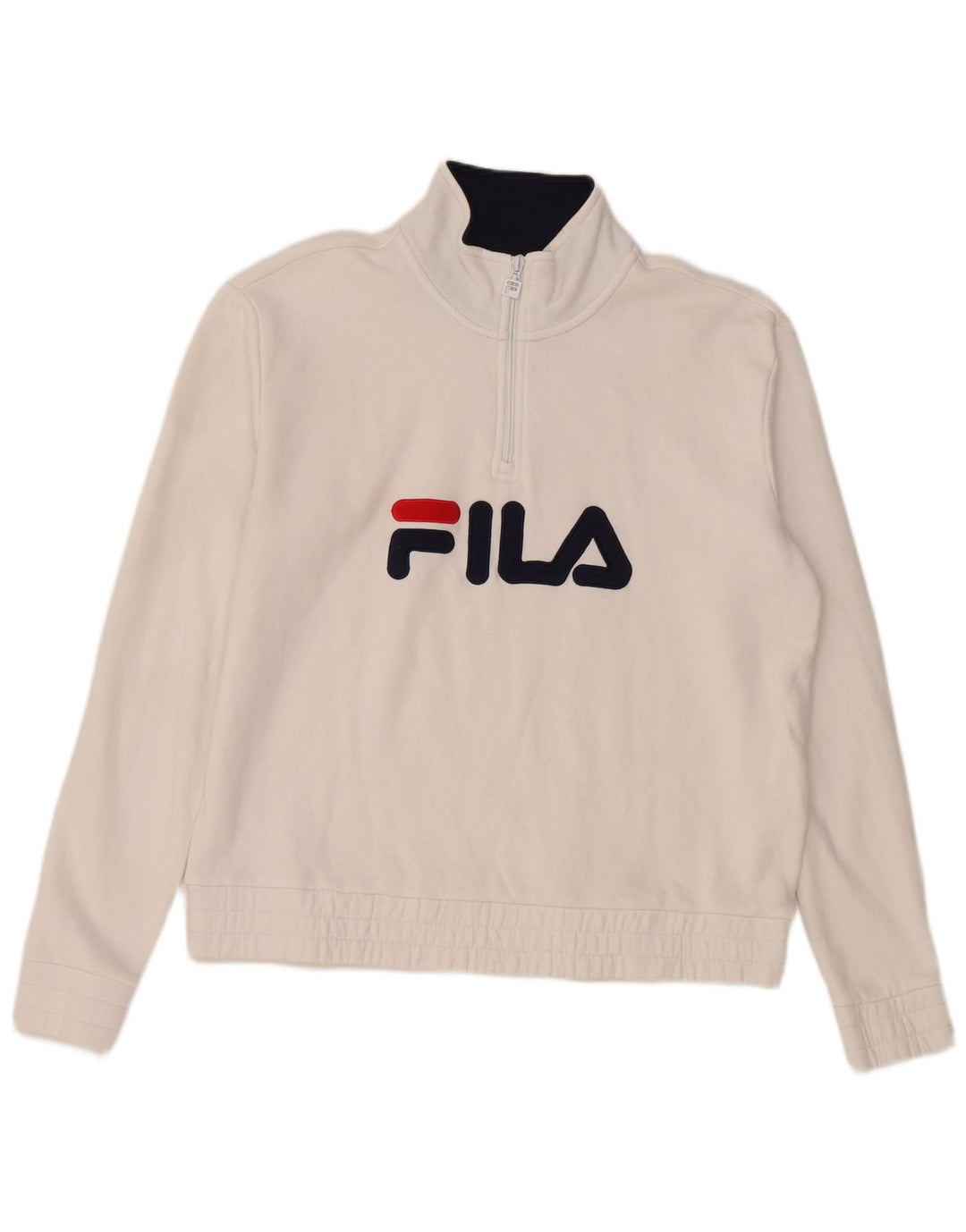 FILA Damen-Sweatshirt mit grafischem Reißverschluss am Hals, UK 16, Größe L, weiße Baumwolle
