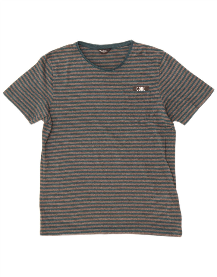 Jack & Jones Herren-T-Shirt-Oberteil aus mittelgrauer, gestreifter Baumwolle