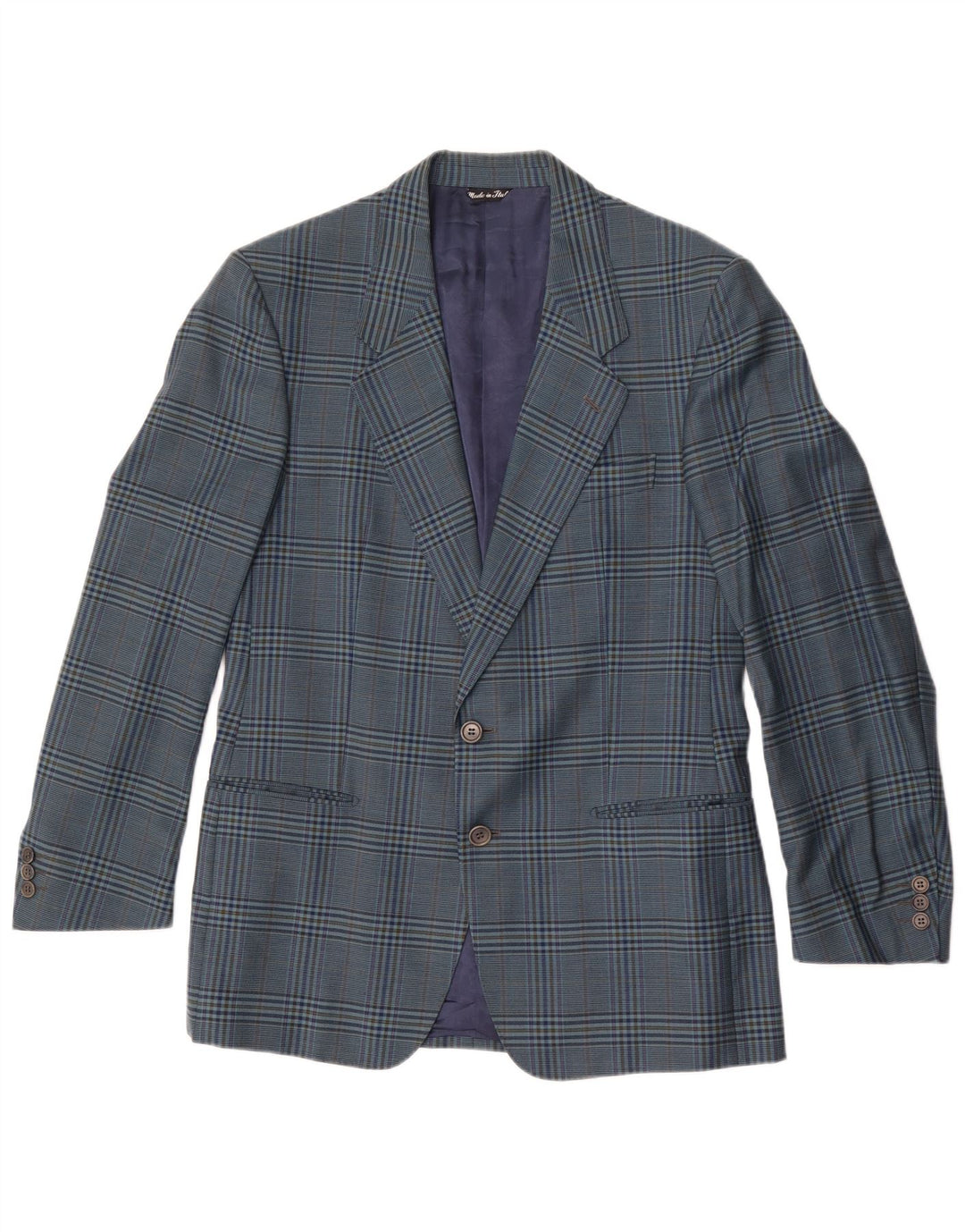 Vintage Herren 2-Knopf-Blazerjacke IT 50 Große blau karierte Wolle