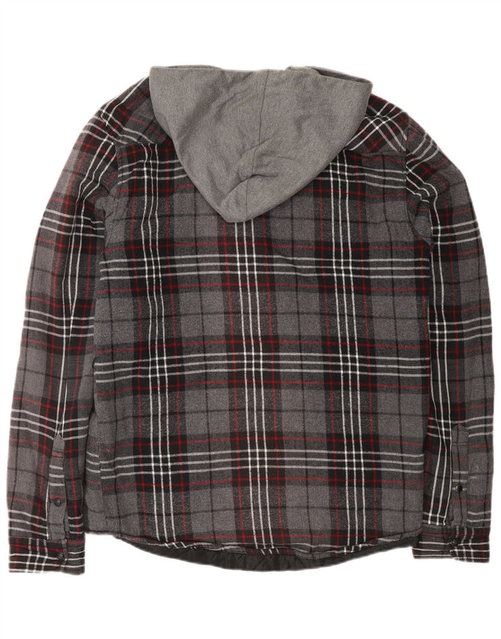 Zara Herren-Lumberjack-Flanellhemd mit Kapuze, mittelgraue Karo-Baumwolle