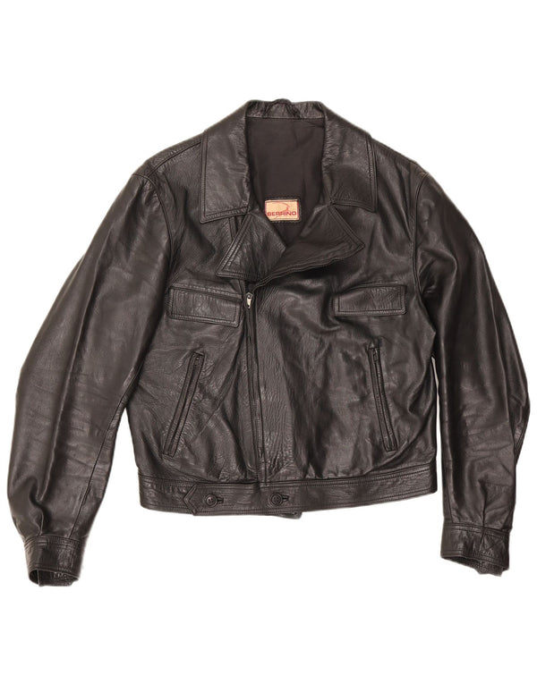 Berrino Herren Crop Leder Bikerjacke IT 48 Medium Schwarz