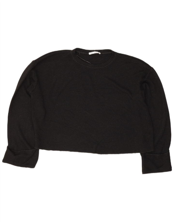 Zara Damen Crop Oversized Top Langarm UK 14 Mittelschwarze Viskose