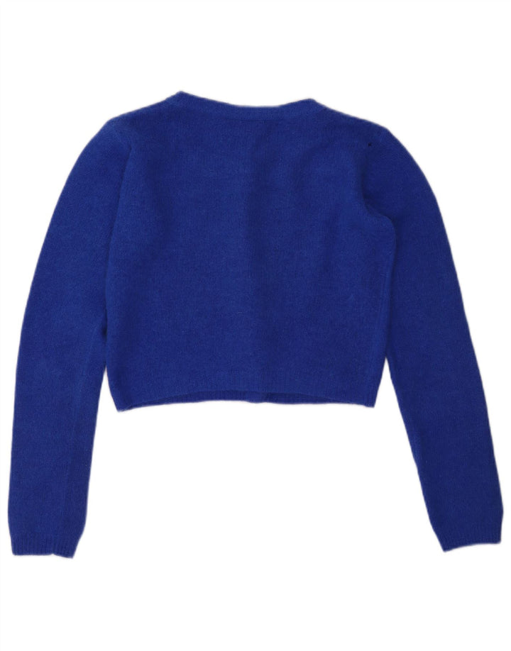 VINTAGE Damen Crop Cardigan Pullover UK 10 Kleine blaue Wolle