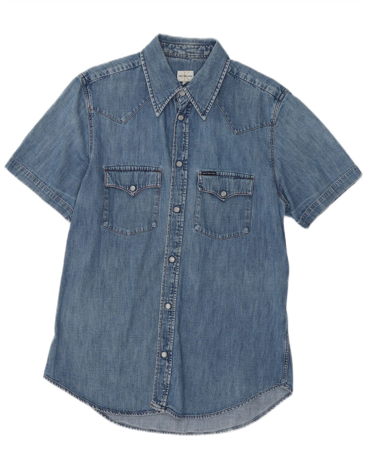 Calvin Klein Jeans Damen Kurzarm-Jeanshemd UK 18 XL Blaue Baumwolle