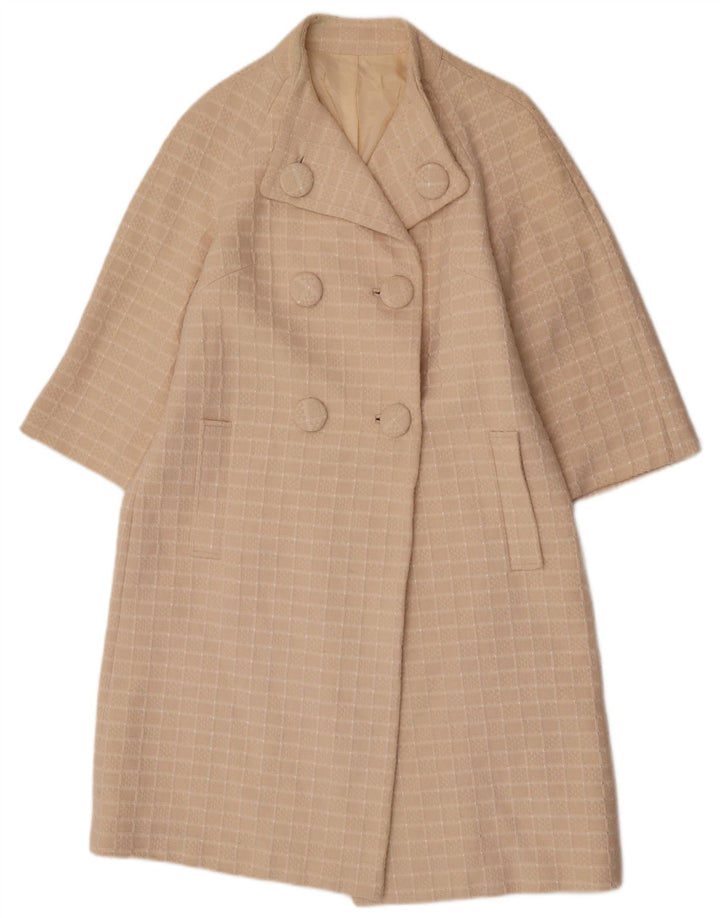 Vintage Damen 3/4 Ärmel Zweireiher Mantel UK 14 Medium Beige Karo