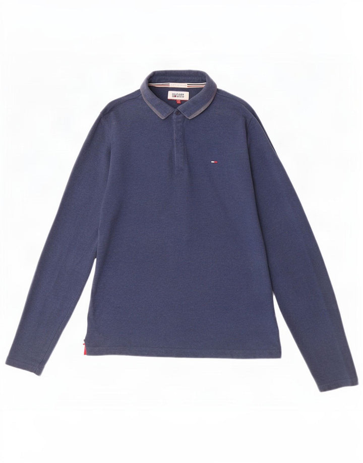 Tommy Hilfiger Herren-Langarm-Poloshirt, mittelmarineblaue Baumwolle