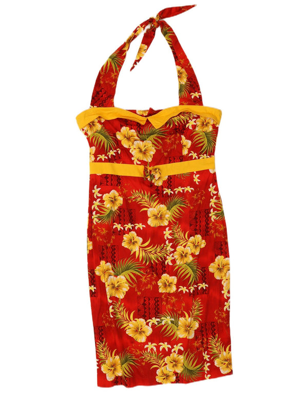 Collectif Damen Neckholder-Kleid, UK 14, mittelrot, geblümt, Baumwolle