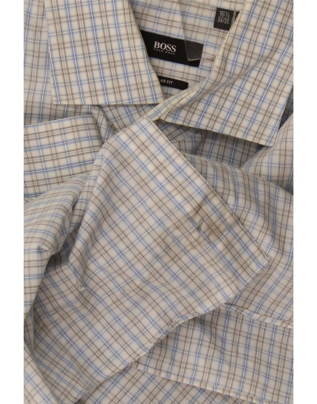 Hugo Boss Herren-Hemd mit normaler Passform, Größe 16 1/2, große blaue Gingham-Baumwolle