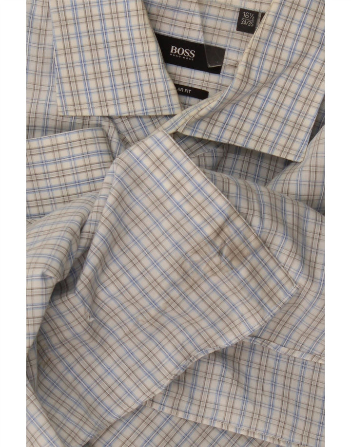 Hugo Boss Herren-Hemd mit normaler Passform, Größe 16 1/2, große blaue Gingham-Baumwolle